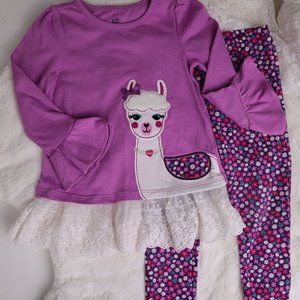 🩰 Kids Headquarters Purple White Lace Llama Set Top Blouse Tunic Pants Leggings